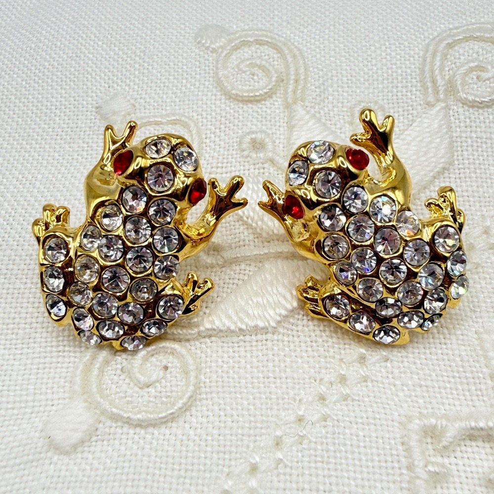 Vintage Kitschy Deadstock Gold Tone Rhinestone Frog Pierced Earrings